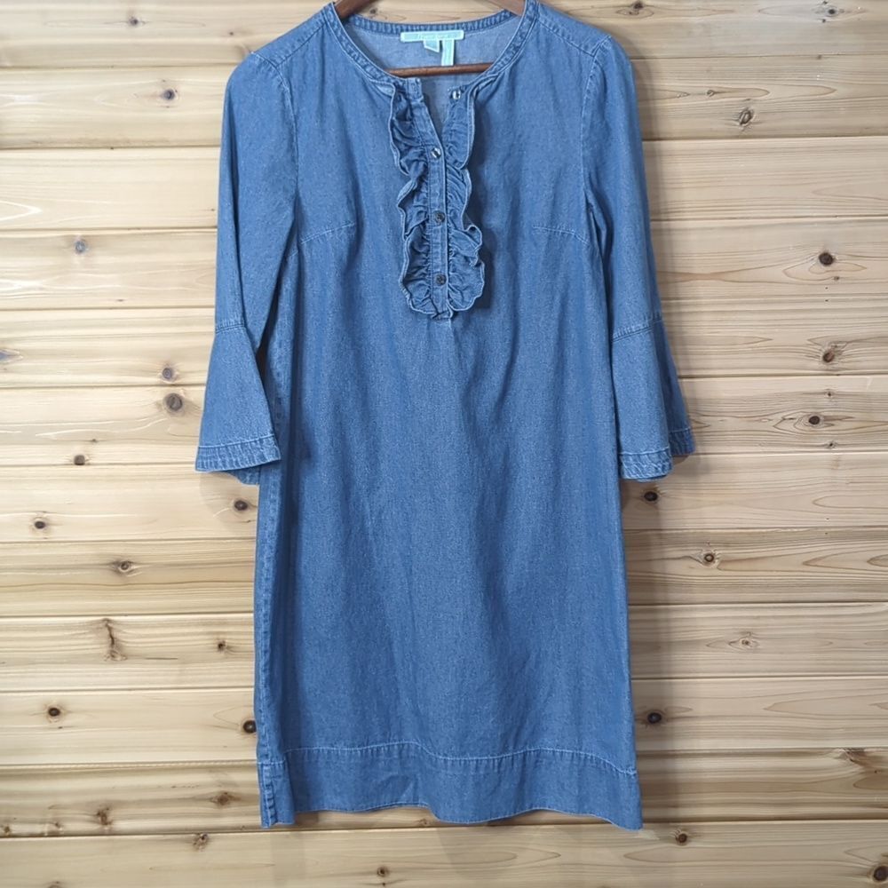 Draper James Dress Womens 4 Blue Chambray‎ Ruffle Knee Length Dress